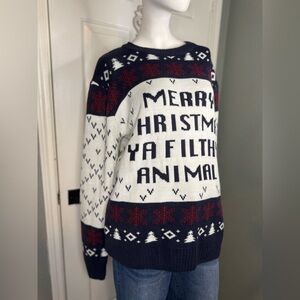 Ugly Christmas Sweater Mens M Blue/White/ Red Acrylic Merry Christmas.
